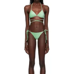 Metallic shine two pieces swimwear halter tie straps wrap around self tie strings at waist side tied bottom sexy women's bikini
