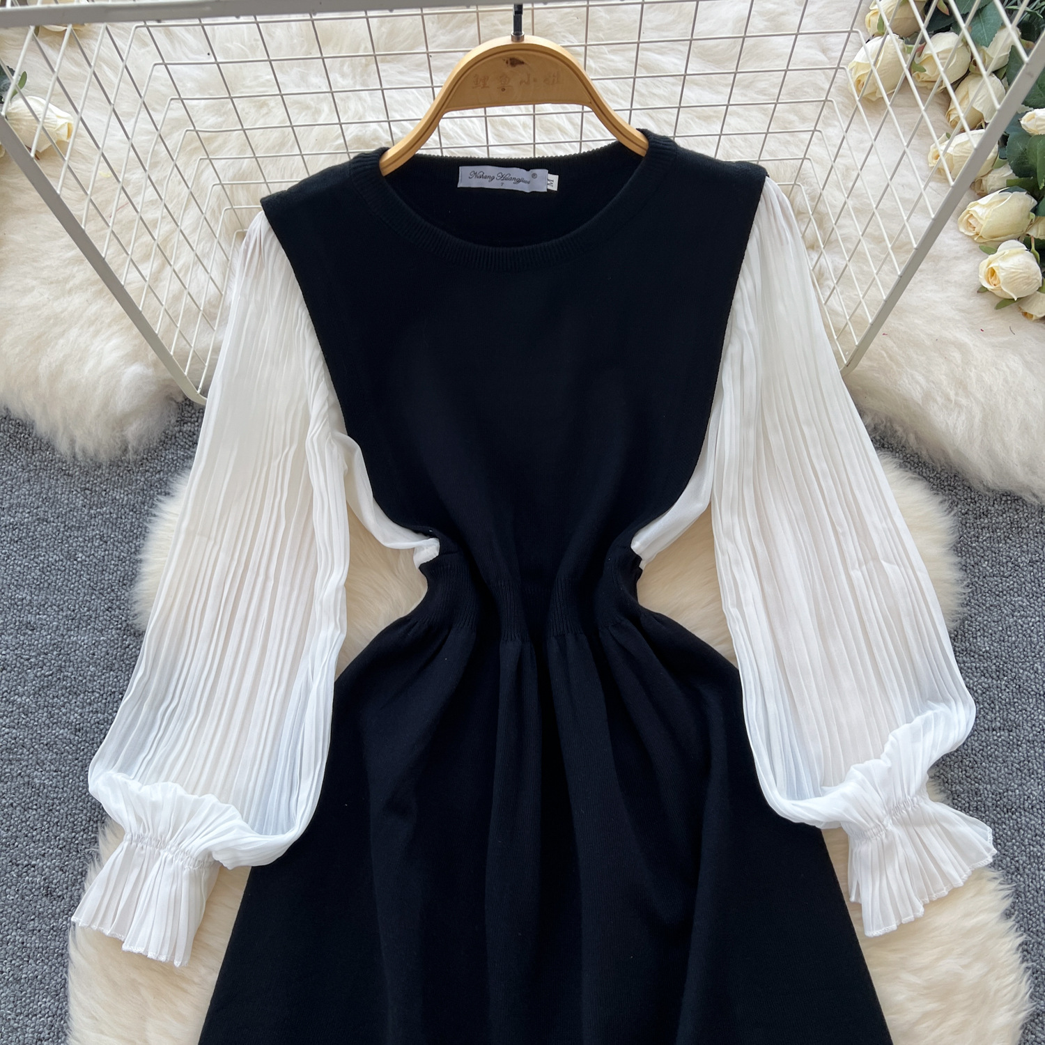 long knit dress long sleeve Black Knitted Side Slit Midi Dress