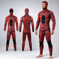 DIVESTAR Custom Hood Merah Hitam Camo 2-Piece Lengan Panjang Tahan Air Bernapas 3mm Neoprene Wetsuit Pakaian Selam untuk Spearfishing