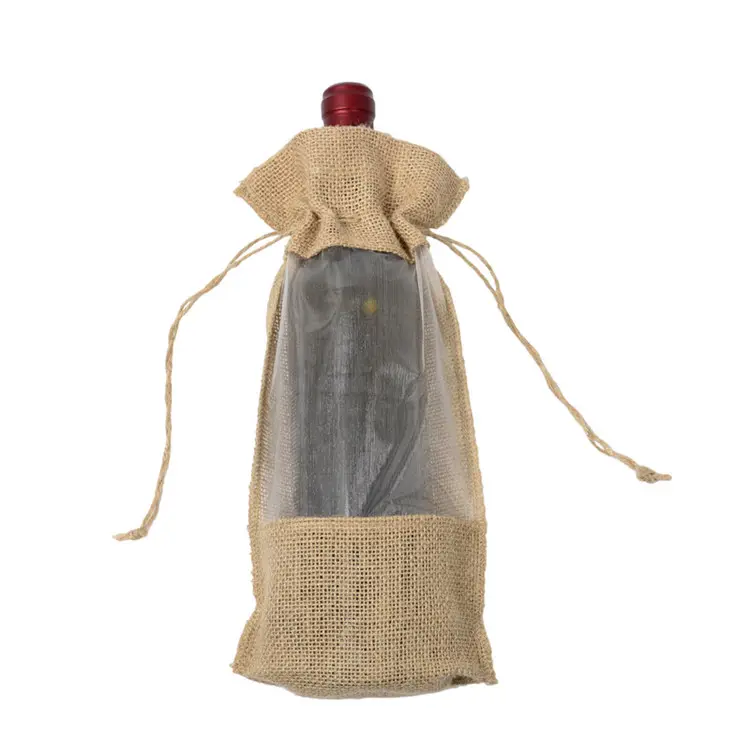 Clear Window Organza Covers Hemp Drawstring Natural Jute Wine Bottle Water Sack Burlap Christmas Party Hessian Bag