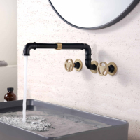 Robinet de lavabo mural encastré noir mat avec poignée, mitigeur eau chaude/froide, bec vintage pour salle de bain de loft, gîte ou hôtel