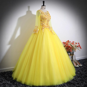Yellow Stage Performance Dress Long Sleeves Puffy Skirt Women Art Exam Host Outfit 3D Floral Embroidery - Product Image 4