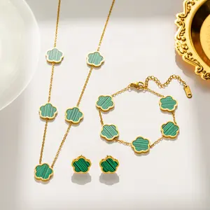 Custom Wholesale Fashion Jewelry Sets 18K Gold Stainless Steel Clover Five Flower Charm Necklace Bracelet Earrings Sets Women