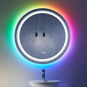 2023 Factory Price Frame-less Bath RGB Wall Mounted Round Shape Smart LED Custom Bathroom Mirror Tempered bathroom mirror