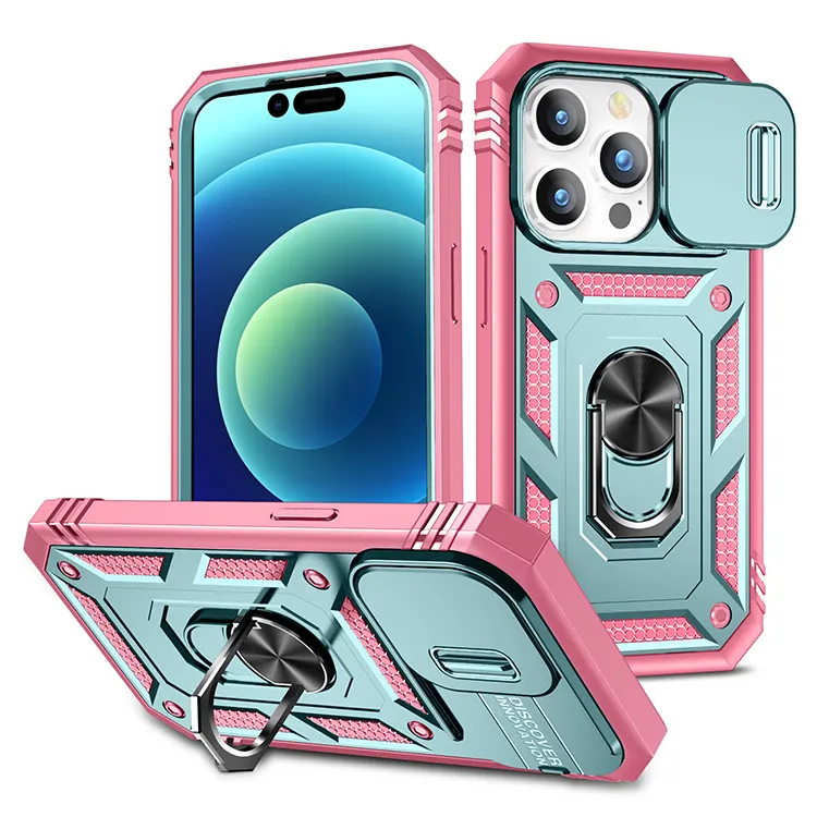 Schuif Camera Cover Schokbestendig Mobiele Telefoon Case Voor Iphone 14 Pro Max Roterende Ring Stand Auto Magnetische Cover