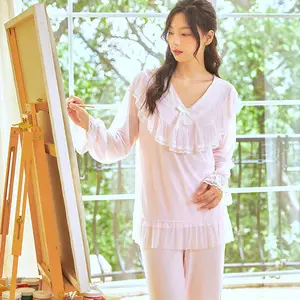 Comfortable Home Wear Set Mesh Simple Long Sleeve Trousers Ladies Home Wear Retro Court Style Thin Nylon Women Pajamas Lace