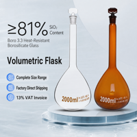 Fioles volumétriques en verre borosilicate transparent à parois épaisses de 2000 ml, résistantes à 20 degrés Celsius, pour laboratoire de chimie
