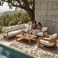Muebles de Patio de Teca en Forma de C para Resort de Lujo, Sofá Seccional Profundo con Asientos Profundos, Cojín Resistente al Agua, Color Personalizado