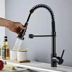 Mezclador de agua fría y caliente para fregadero de cocina, rociador extraíble de un solo mango, con resorte de latón, giratorio 360, negro