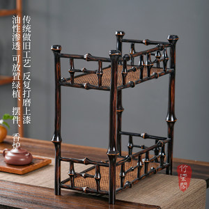 Bamboo Double Layer Tea Rack Lacquered Storage <b>Shelf</b> For Chinese Tea Set <b>Desktop</b> Display Stand Rectangle Shape Standing Type - Product Image 4