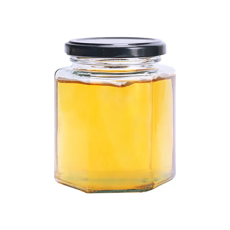 Venda quente 45ml180ml Garrafa de mel de geléia de picles para armazenamento de alimentos, garrafa de vidro vazia hexagonal transparente com múltiplas especificações