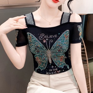 Luxury Diamond Breathable <strong>Mesh</strong> Women <strong>Tops</strong> Shinny <strong>Rhinestone</strong> Butterfly T Shirts in the Magic of Believe Out off Shoulder T-shirt - Product Image 2