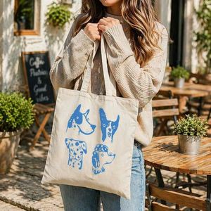 Custom Logo <b>Blue</b> Cartoon Dog Print Canvas Fashion <b>Tote</b> <b>Bag</b> Cute Puppy Women Casual Daily Shoulder Handbag Beach Gift - Product Image 1