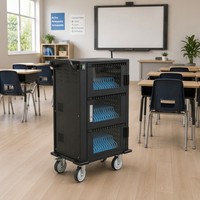 Armoire de charge rapide USB électrique noire à 3 niveaux et 48 baies avec porte en verre pour le rangement et la charge d'ordinateurs portables et de tablettes, chariot de charge