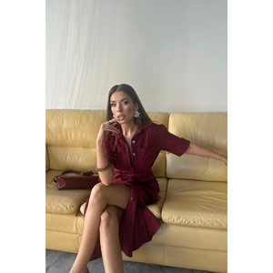 Vestido TENCEL Borgoña de Manga Corta con Cierre de Botones Frontales para Uso Profesional - Product Image 6