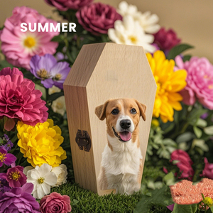Urnes de crémation en bois pour animaux de compagnie avec photo et figurines imprimées de style moderne pour souvenir de chien et de chat - Product Image 1