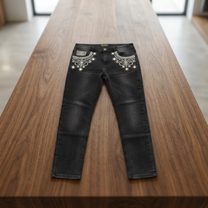 Jeans de Mezclilla Ajustados con Pedrería Negra para Mujer, Cintura Alta, Pierna Recta, Estilo Vintage, Casual, Pantalones Largos - Product Image 2