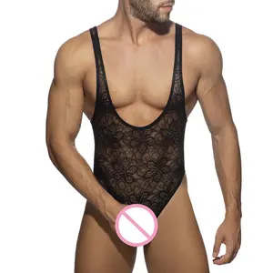 Mens Fancy Pattern Transparent Bodysuit Thong Tight Bodysuit Muscle Showing for Hot Nights Clubwear