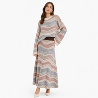 Ensemble tricoté brodé de luxe pour femme, pull à manches cloche et jupe longue, style bohème chic, à rayures ondulées, élégant, luxueux et infroissable