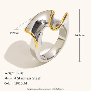 Кольцо Dingran <span class=keywords><strong>Fashion</strong></span> из нержавеющей стали, двухцветное (золото и серебро), волнистое, скульптурное, изогнутое, художественное, модное украшение - Product Image 2