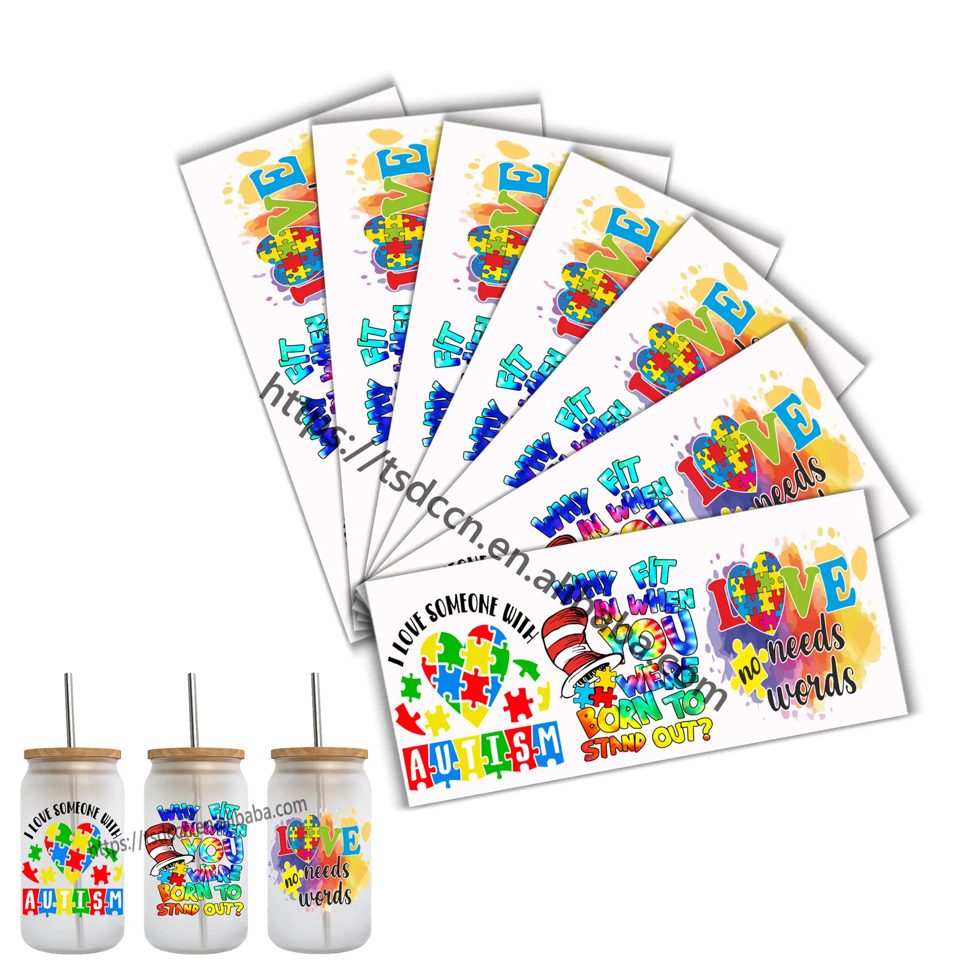 Aangepaste Waterdichte Ik Hou Van Iemand Met Autisme Bewustzijn 16Oz Libbey Transfer Film Label Uv Dtf Wrap Sticker Voor Mokken