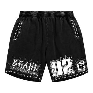 Survêtement évasé délavé à l'acide vintage pour hommes avec strass noir lavé à la pierre Baggy Shirts Plus Size Summer Shorts - Product Image 5