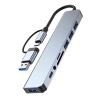 Estación de Conexión USB + Tipo-C 8 en 2 con Adaptador de Audio de 3.5mm, Lector de Tarjetas, Convertidor de Disco para Laptop, Tablet y Teléfono