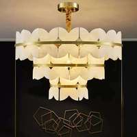 Lustre Tambour Moderne en Albâtre avec Cadre en Laiton Doré, Lumière Chaude 2700K, Grand Luminaire Suspendu pour Salon