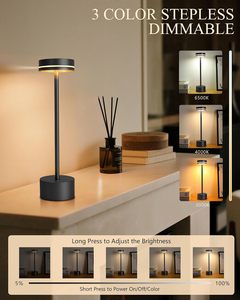 Lampe de table LED à commande tactile en aluminium, rechargeable par USB, 3 couleurs, luminosité réglable, lumière sans fil - Product Image 2