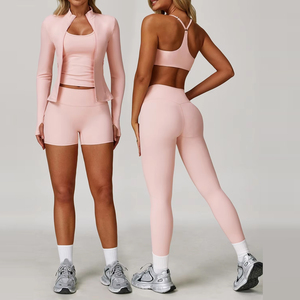 <b>Pink</b> Seamless Yoga <b>Set</b> Women Jacket Bra Shorts Leggings 5 Piece Activewear High Waist Quick Dry Breathable - Product Image 1
