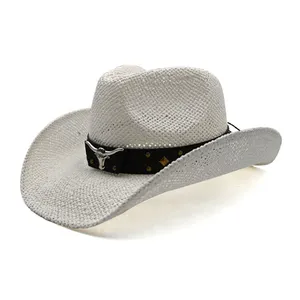 100% Palha Tecelagem Bordado Western Hat Cowboy para Homens Mulheres Cowgirl Jazz Cap Summer Beach Sun Hat Sombrero Hombre