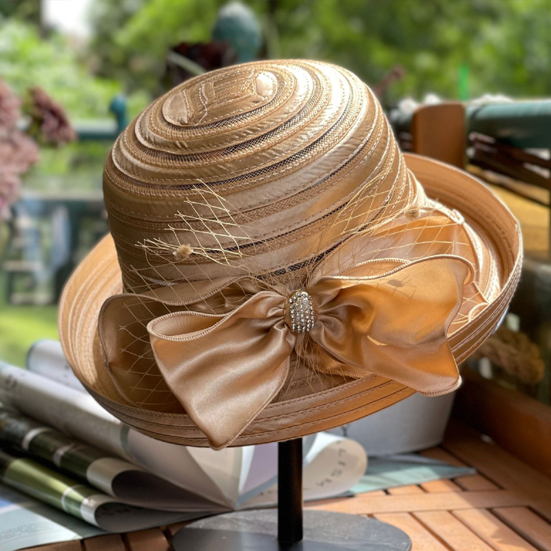 chinese dress ladies Ladies Tan Satin Ribbon Dress Hat/Shenor Collections