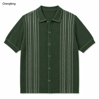 Kaos Rajut Pria Gaya Old Money Retro Preppy Hijau Putih Garis Vertikal Lengan Pendek Kancing Depan Penuh Rajutan Polo OEM ODM