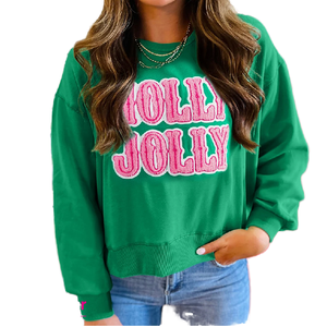 Dear-Lover Wholesale Fashion Chic Holly Jolly Embroidered Graphic Pullover Casual Autumn/Winter Knitted Christmas Sweatshirt - Product Image 1