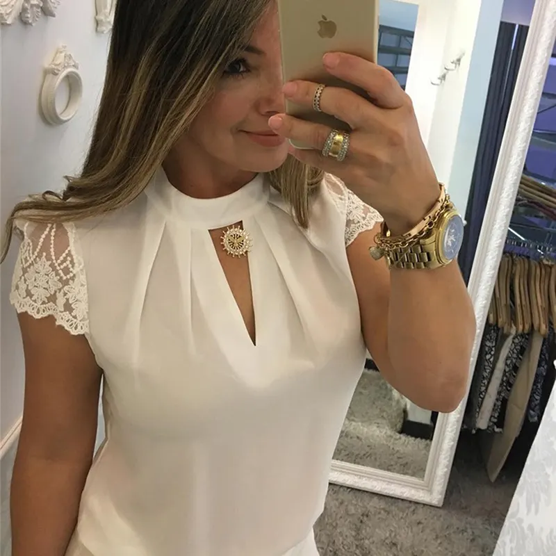 Summer Casual Women Stand Collar Lace Short Sleeves Solid Elegant Lady's Shirts Chiffon Blouses Top