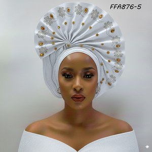 Nigerian Aso Oke Fashion Headtie Tela amarilla de Ankara con cuentas para fiestas Salidas casuales Pesca Último diseño - Product Image 5