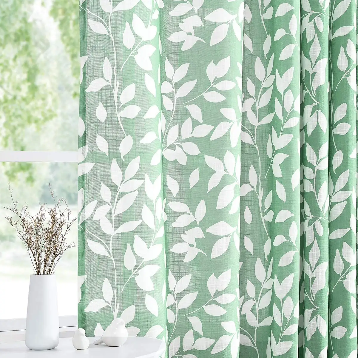Green White Living Room Leaf Printed Linen Textured Semi Sheer Drapes for Dining Kitchen