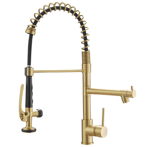 FLG in oro spazzolato rubinetto da cucina a manico singolo rubinetto a molla <span class=keywords><strong>con</strong></span> Pull Down spruzzatore acqua miscelatore scrivania montato in ottone OEM moderno - Product Image 1