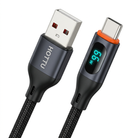 Câble tressé USB-A vers Type-C 66W avec affichage numérique, cordon de charge Type-C en nylon noir pour smartphone, tablette, batterie externe, ordinateur portable