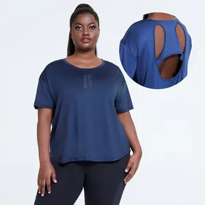 Private Label Manufacturers Plus Size v neck Women Workout Apparel Active Wear Hollow Out Back Loose Yoga Short Sleeve T Shirt