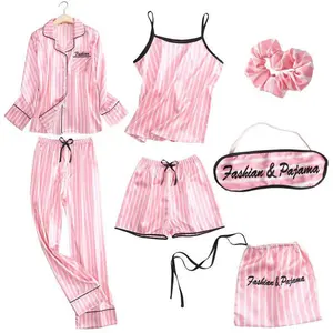 Pink Women's 7 Pieces Pajamas Sets Faux Silk Striped Pyjama Women Sleepwear Sets Spring Summer Autumn Homewear
