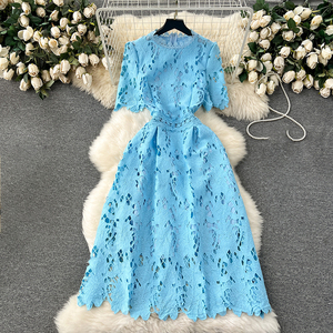 2025 nouveauté mode taille fermeture manches courtes broderie élégante robe mi-longue formelle pour les femmes - Product Image 1