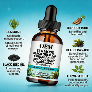 Suplemento Herbal en Gotas de Musgo Marino OEM con Aceite de Semilla Negra, Ashwagandha, Raíz de Bardana y Alga Marina Líquida para la Salud Intestinal y el Apoyo Inmunológico - Product Image 2