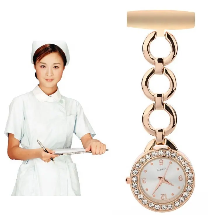 Rose Goud Metalen Diamant Verpleegkundige Zakhorloge Quartz Ziekenhuis Arts Medische Borst Verpleegkundigen <span class=keywords><strong>Horloges</strong></span>