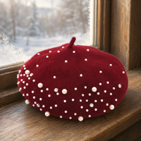 Béret en Laine pour Femme avec Faux Perles et Strass, Béret Français Orné Rouge Vin, Chapeau Béret Scintillant pour Fête, Vente en Gros OEM