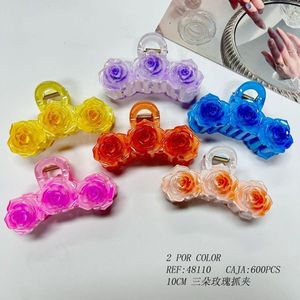Tre fermagli per capelli a forma di rosa da 10 cm in plastica colorata, stile dolce, per donne e ragazze, uso quotidiano - Product Image 3