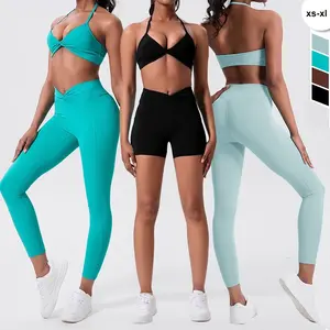 Ensemble de vêtements de yoga avec logo personnalisé, 4 pièces, vêtements d'entraînement, vêtements de sport, vêtements de fitness, leggings froissés pour femmes