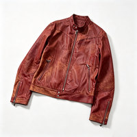 Blouson Moto Homme Vintage en Cuir Bruni Col Rabattu Multi-Poches Zippées Coupe Slim Coupe-Vent Écologique