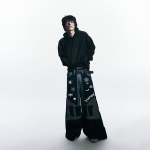 DiZNEW 2025 Jeans para hombre Ropa de calle gótica Jeans de pierna ancha con tela de araña y calavera Patchwork Denim estético oscuro - Product Image 3