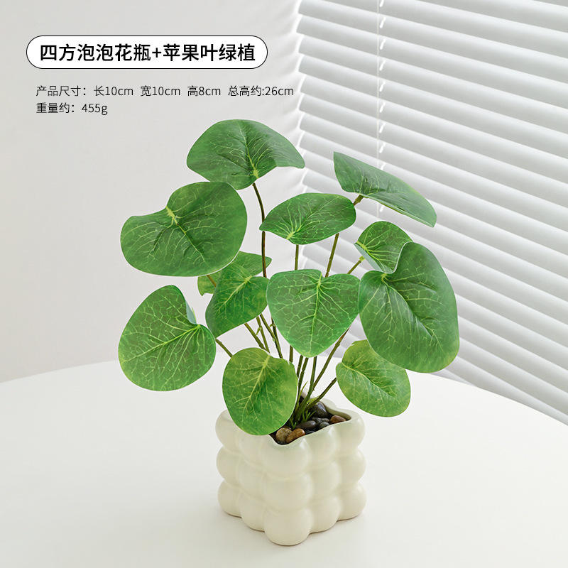 แจกันทรงสี่เหลี่ยมแบบฟองอากาศ พร้อมใบแอปเปิ้ลและใบไม้สีเขียว